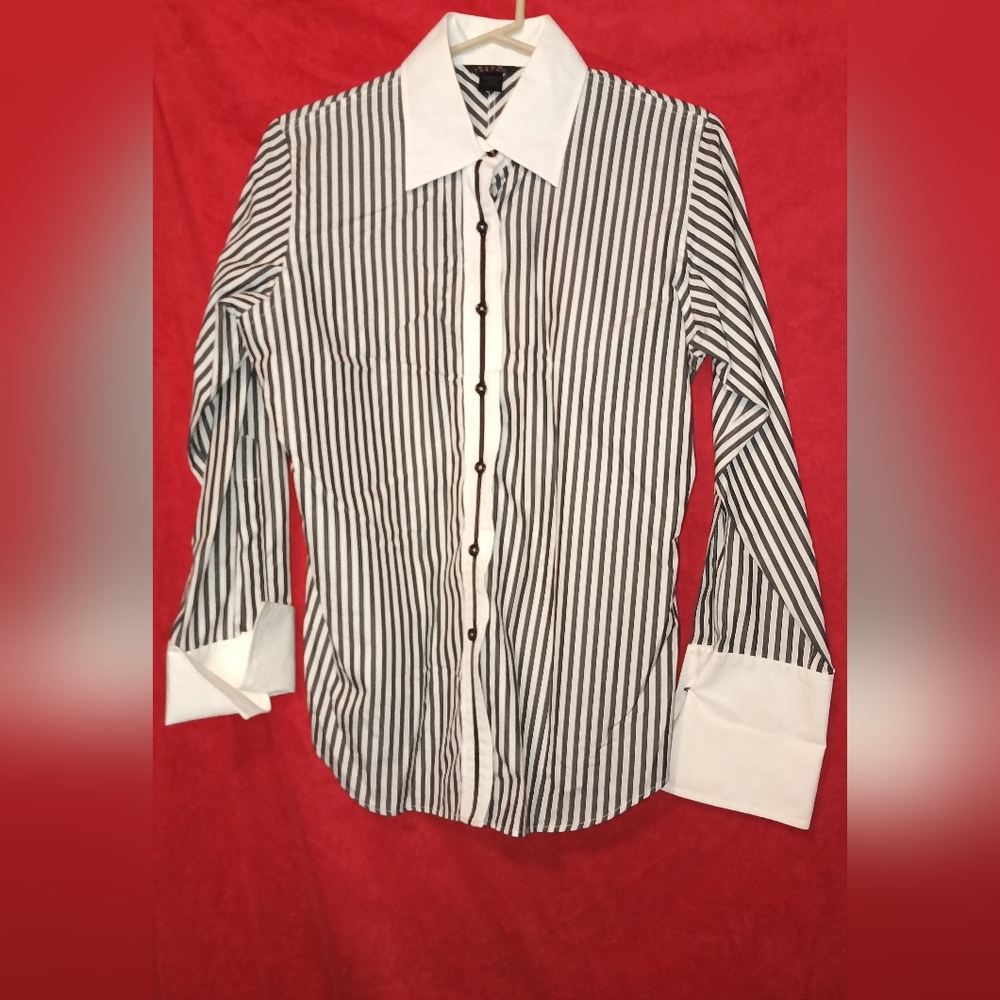 Pink Tartan Classic Black and White Striped Shirt W French Cuffs Size 10